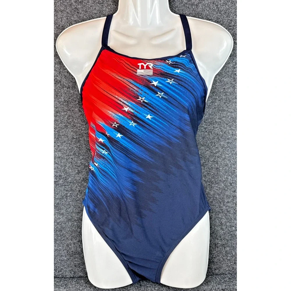 TYR Womens Size 36/L Navy Red Blue USA Stars Stripes One Piece Swimsuit NWT